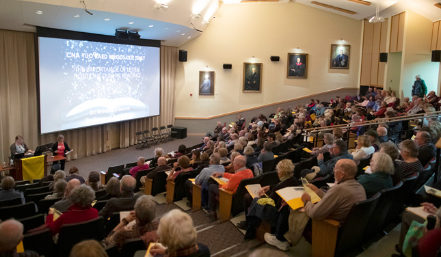 Gannett auditorium at Skidmore College filled with students age 55 and older