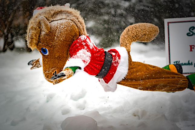 Skidmore College's mascot dives into a pile of snow