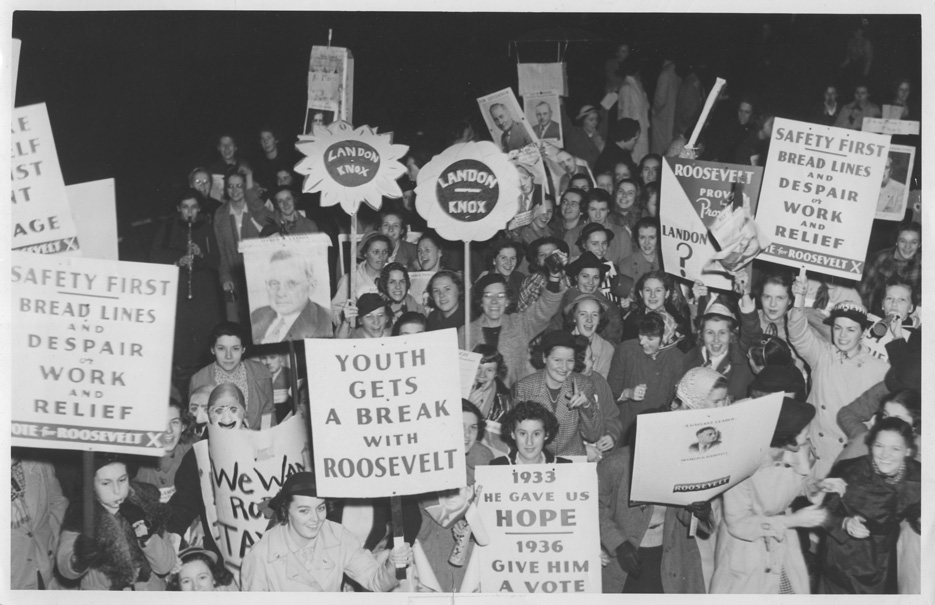 Students support Democratic candidate Franklin D. Roosevelt and Republican candidate Alf Landon at a 1936 presidential election rally on campus. The photo is part of the virtual exhibition “We’ve Only Just Begun: 100 Years of Skidmore Women in Politics.” 