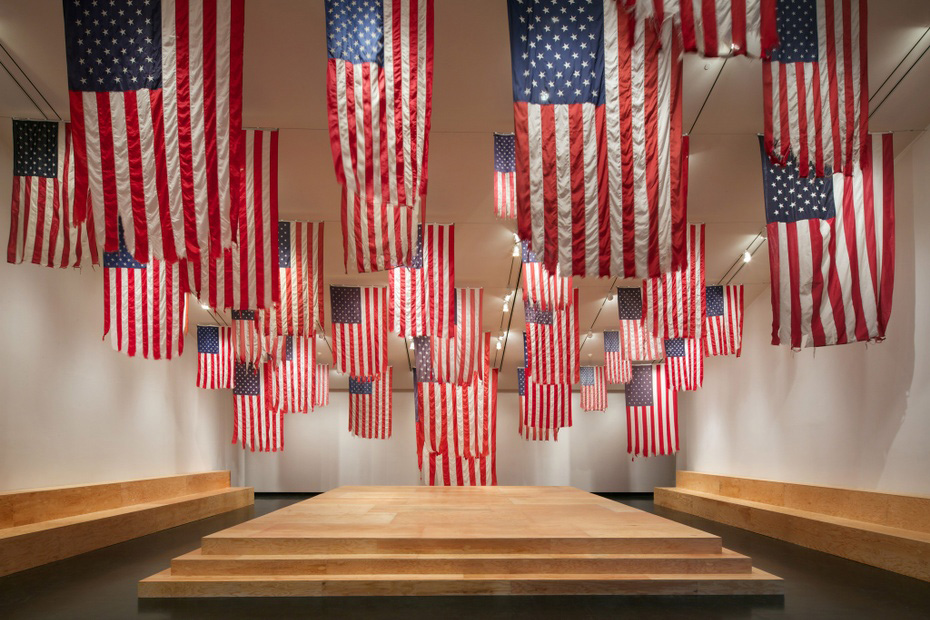 American flags as part of an exhibition at the Tang