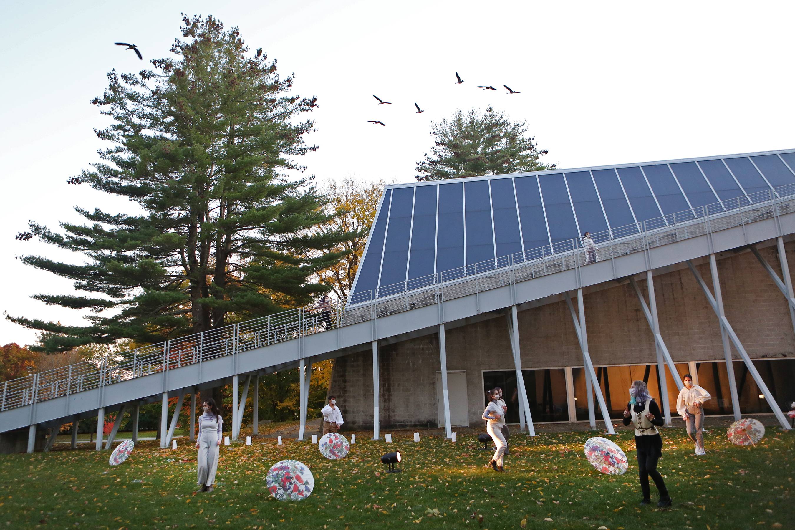 Lisa Jackson-Schebetta, associate professor and chair of the Department of Theater, and students in her Production Seminar staged an outdoor theater performance of “The Sor Juana Project" this fall outside the Tang Teaching Museum and Art Gallery.