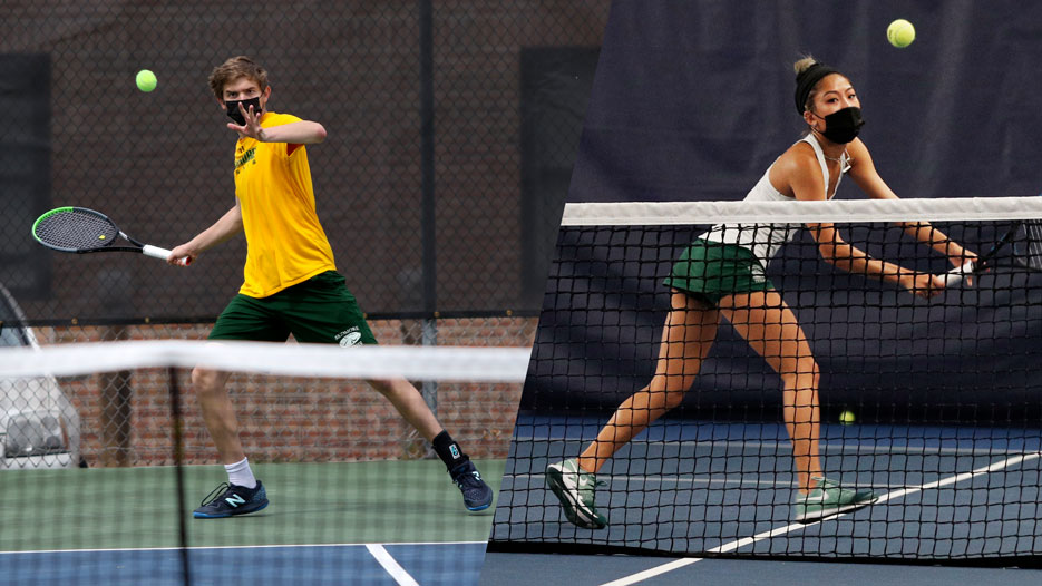 A split screen with a men's tennis player on the left and a women's tennis player on the right, both photographed mid-action during matches