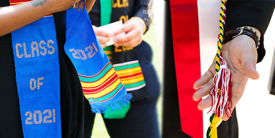 A split image between a college stole that says "Class of 2021" and a graduate's hand show off their different colored cords