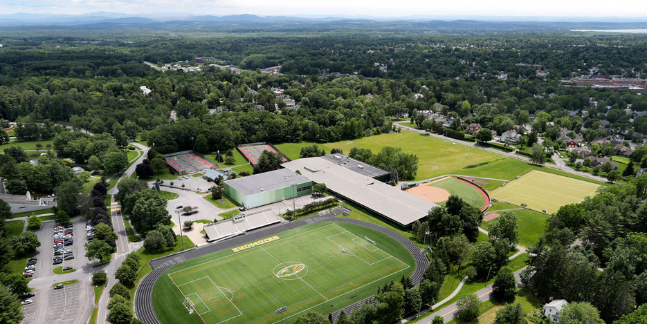 Aerial of Skidmore College campus showing athletics facilities