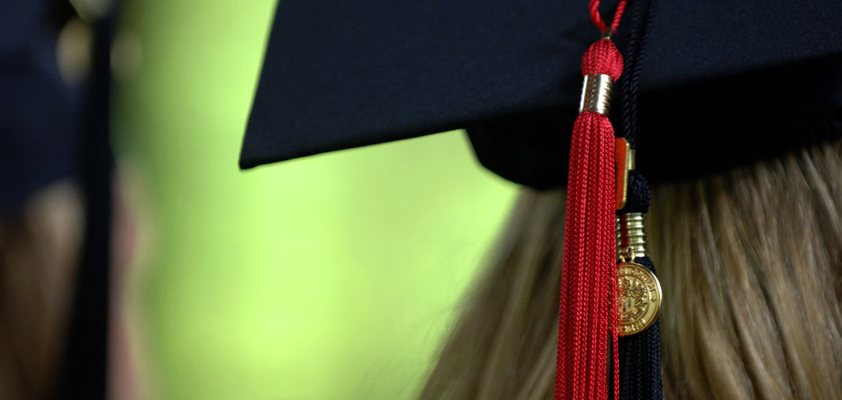 A close up crop on a black mortarboard and tassel
