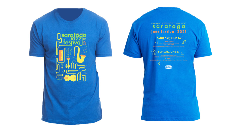 Illustration of two t-shirts An illustration of jazz instruments on a blue background and the text "Saratoga jazz festival" 