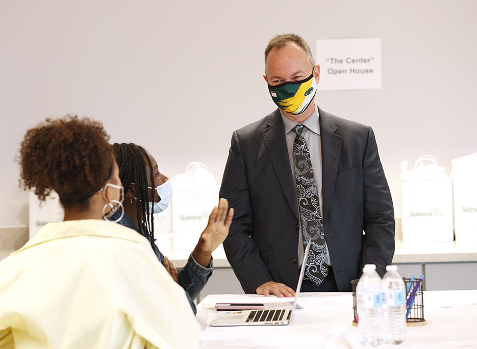 President Marc Conner with students at an open house for The Center, which supports Diversity, Equity, and Inclusion.