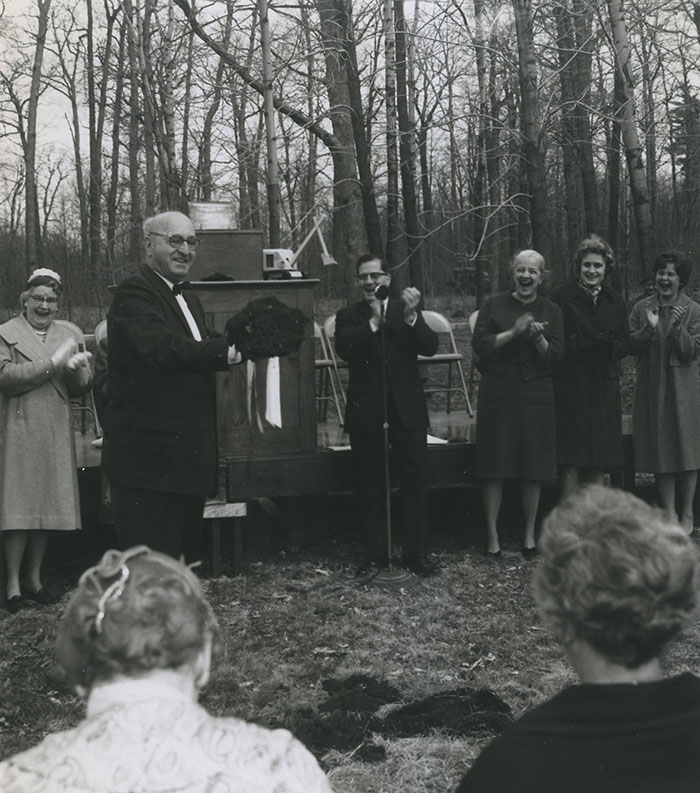 A groundbreaking ceremony for Skidmore’s new campus. In addition to President Wilson (by microphone), trustees, including Josephine Young Case (to Wilson’s left) and J. Erik Jonsson, were essential to bringing the ambitious project to fruition.