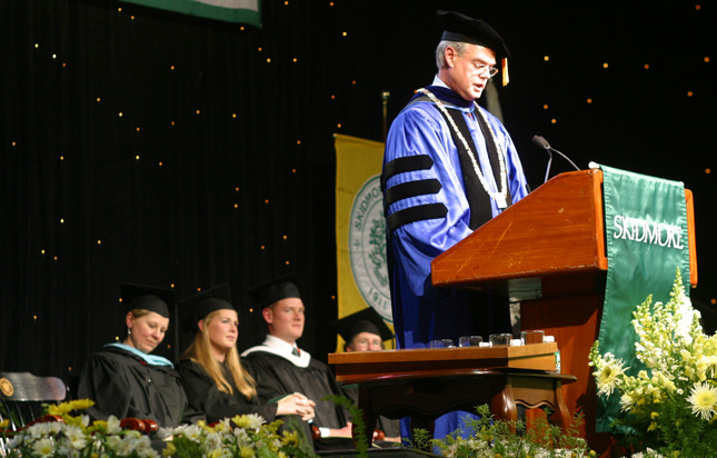 Philip A. Glotzbach, Skidmore’s seventh president, delivers his inaugural address on Oct. 18, 2003, in the Sports Center.