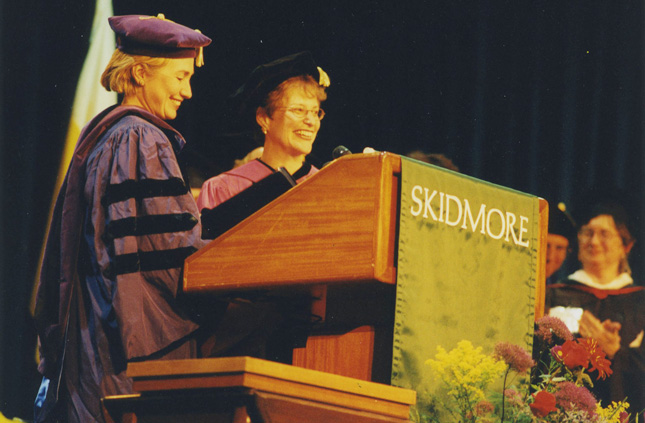 Then-first lady Hillary Rodham Clinton speaks at the inauguration of Jamienne S. Studley as Skidmore’s sixth president on Sept. 25, 1999, in the Sports Center.