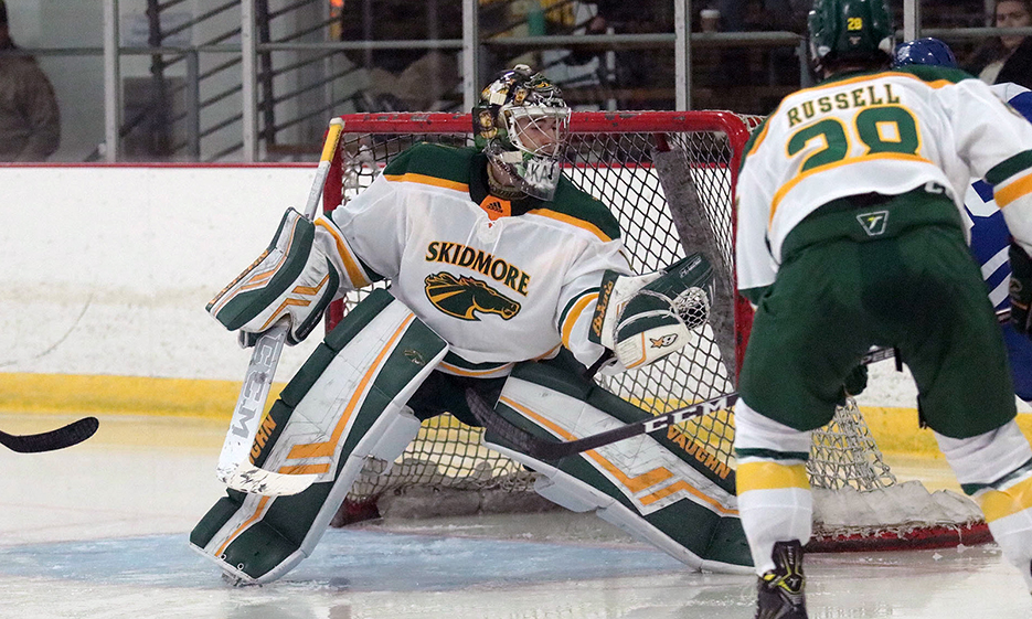 Brandon Kasel makes a save for Skidmore 