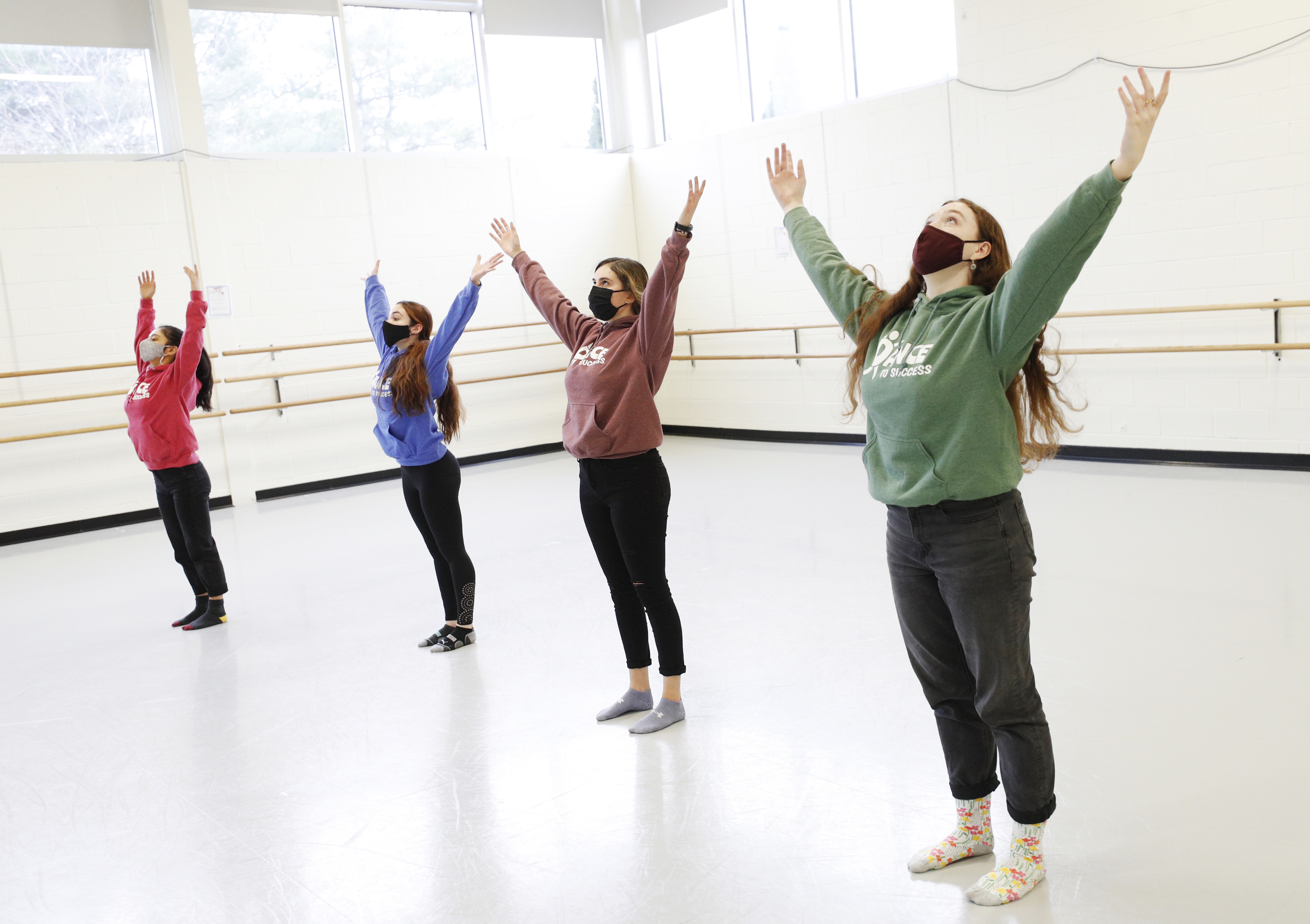 From left, Lea Leventhal ’23, Annika Bergofin ’24, Julianna Willis ’22, and Amanda Francis ’25 practice a dance routine for "Dance to Success."