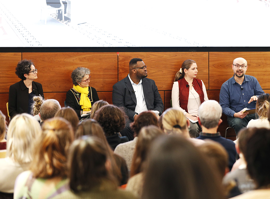  From left, Professor of History Jennifer Delton, Professor of Political Science Kate Graney, Assistant Professor of Political Science Emmanuel Balogun, Associate Professor of Political Science Yelena Biberman-Ocakli, and Associate Professor of Political Science Feryaz Ocakli participate in the faculty panel "Russia's Invasion of Ukraine: Causes and Global Implications," on Thursday, March 3, in The Center. 