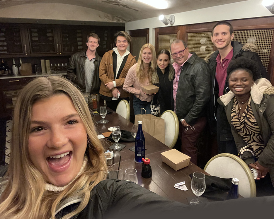 Pictured are, from left, Hana Sadoff (in foreground), Colin Fischer '22, Keali'i Clapprood '22, Cecily Szady '22, Natalie Masannat '22, Ken Freirich ’90, Joa Comellas '22, and Malika Sawadogo '24.