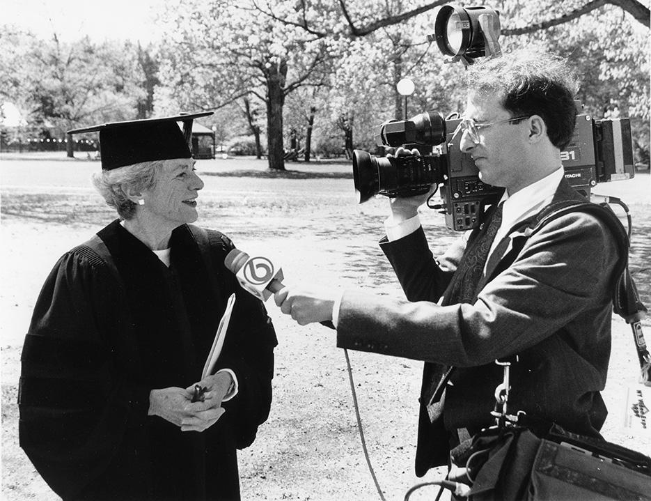 Billie Tisch '48 is interviewed before Commencement in 1990, when she received a Doctor of Humane Letters degree from Skidmore.  
