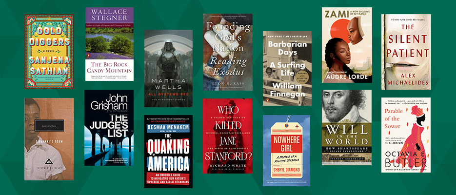 collage of book covers on a green background