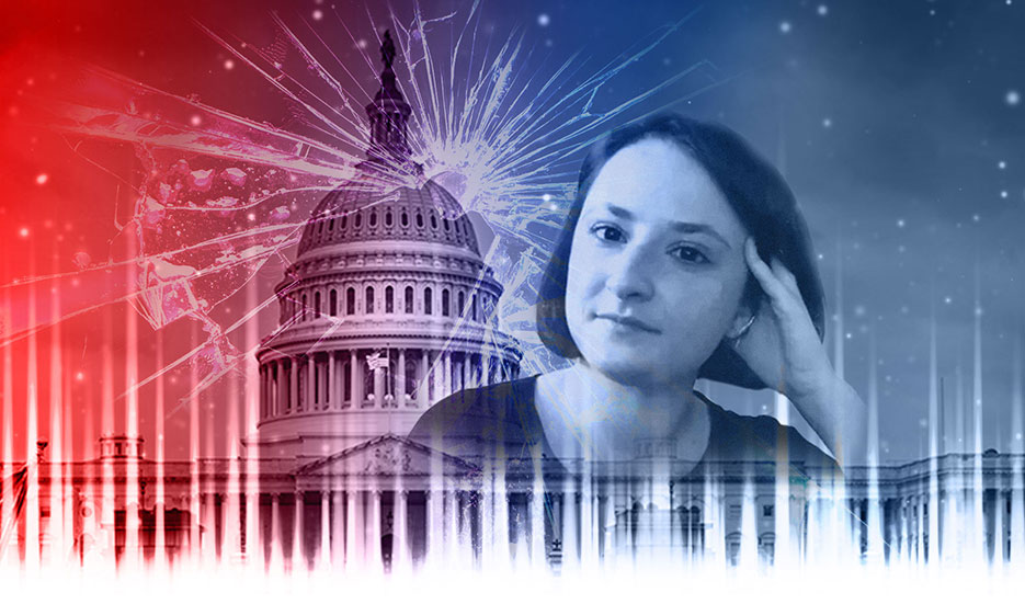 illustration of the u.s. capitol and a woman beside it 