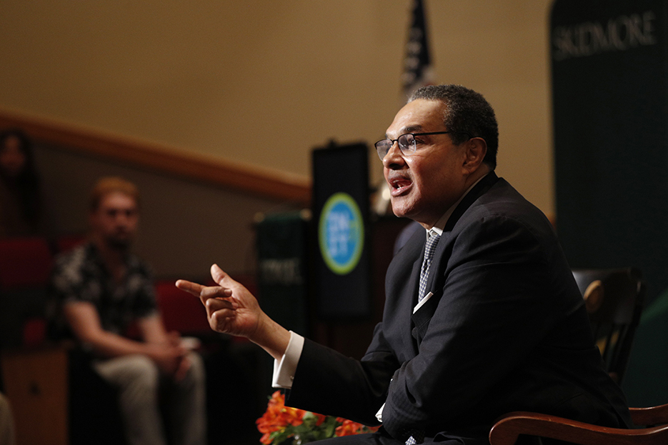 Freeman A. Hrabowski III, president emeritus of University of Maryland, Baltimore County participates in a facilitated conversation with Skidmore President Marc C. Conner as part of the In It 7 series.  