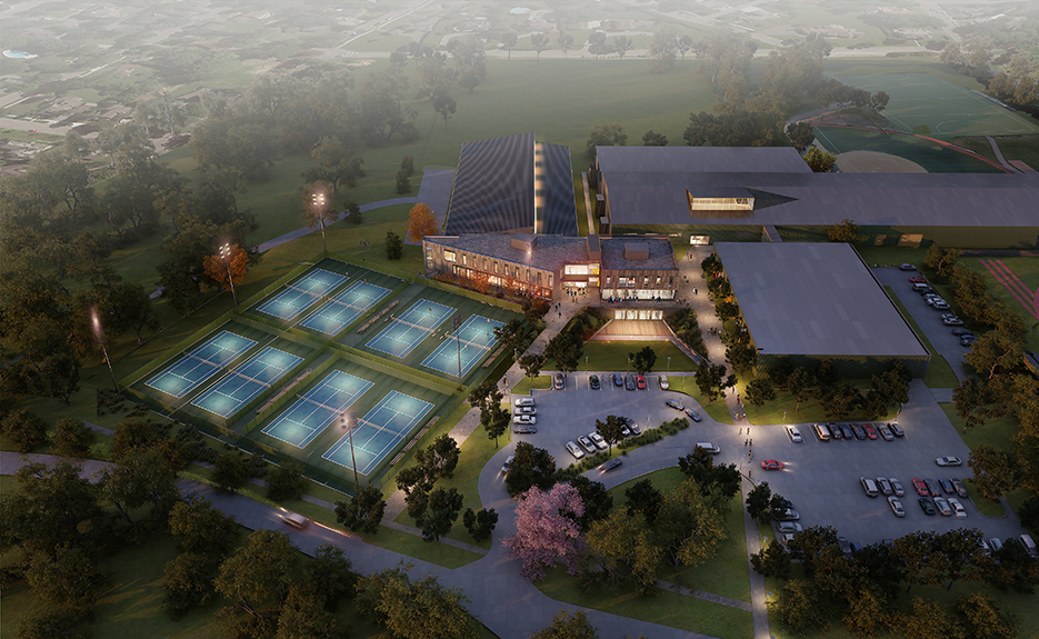 A rendering presents an aerial view of the proposed health, wellness, fitness, tennis, and athletics center.