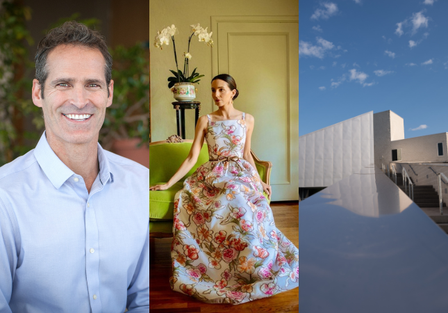 An image of Paul Arciero, a fashion image, and an outside shot of the Tang Museum