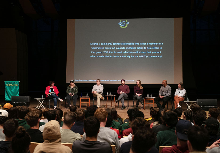 Professor of American Studies Beck Krefting, Clare Kenny '15, Women’s Tennis Head Tennis Coach Curt Speerschneider, Executive Director of the Pride Center of the Capital Region Nathanial Gray, Katherine Almquist '24, Associate Professor of Sociology Amon Emeka, and Emily Czelusniak '25 participate in "Experience Matters: A Conversation Around Active Allyship for the LGBTQ+ Community" in Zankel Music Center.