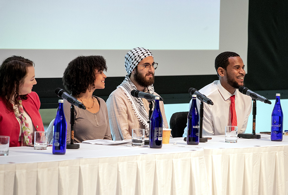 Melanie Nolan '23, Kiryat Hance '23, Amr Fatafta '23, and Joshua Cherry '23 participate in a student panel at the Speech and Expression on College Campuses Symposium, April 14-15, in Zankel Music Center.