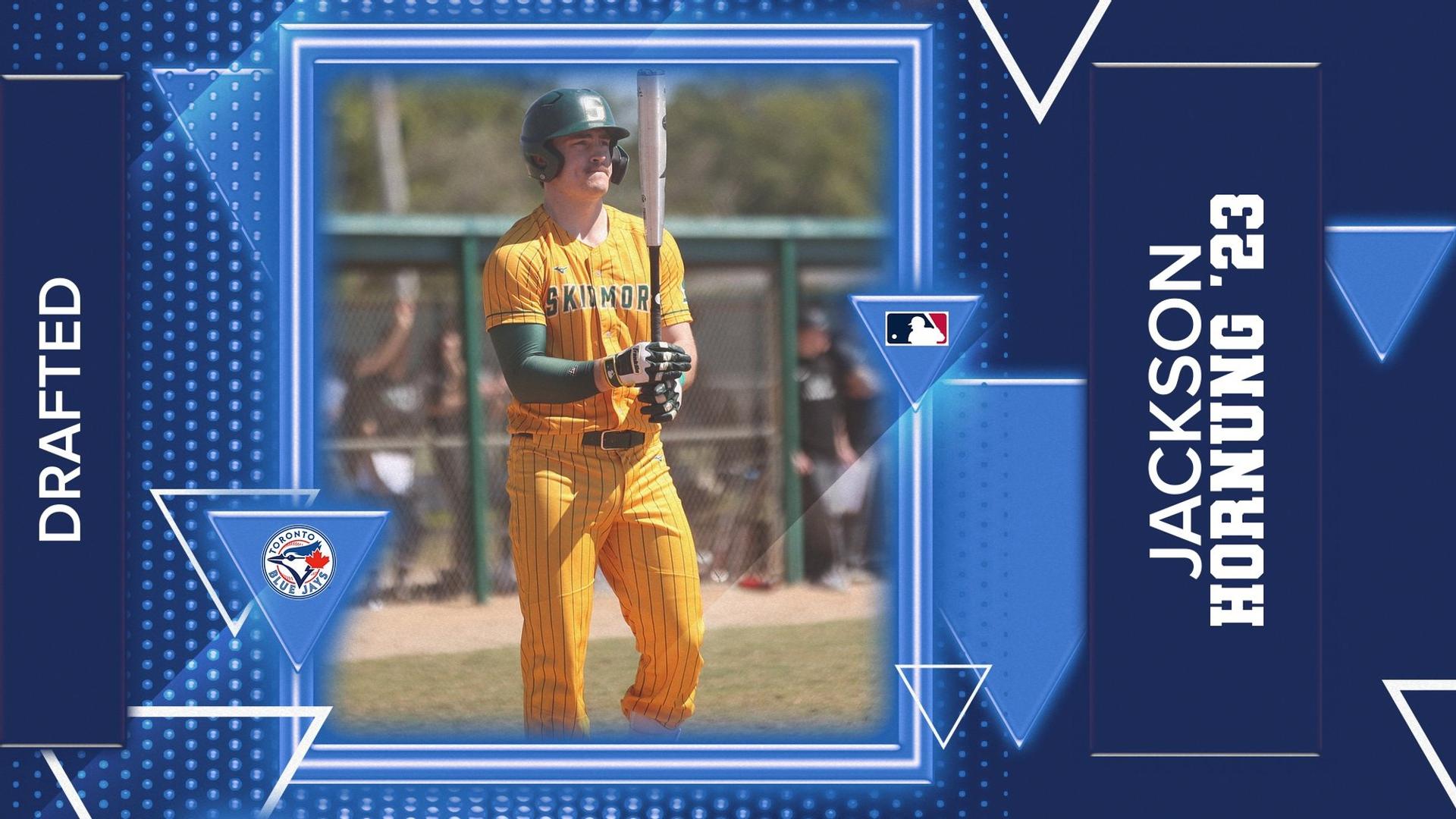 Photo of a baseball player, Jackson Hornung, in a yellow Skidmore College jersey framed by a blue box and the word "drafted" 