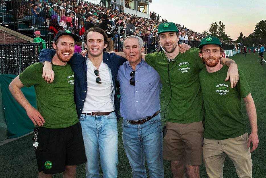 From left to right, Sam Glickman ’12; Andrew Blake ’14, a former player on the Skidmore men’s soccer team; Ron McEachen, Skidmore’s former Skidmore men’s soccer coach; Keil Corey ’09, and Matthew Wolff ’12.