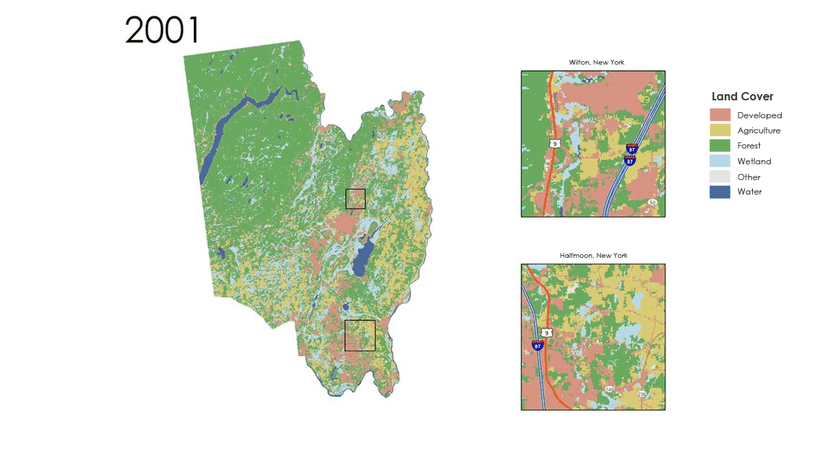 A gif demonstrates color coded areas mapping industrial development from 2001 over a period of 50 years. There is significant development along interstate 87. 