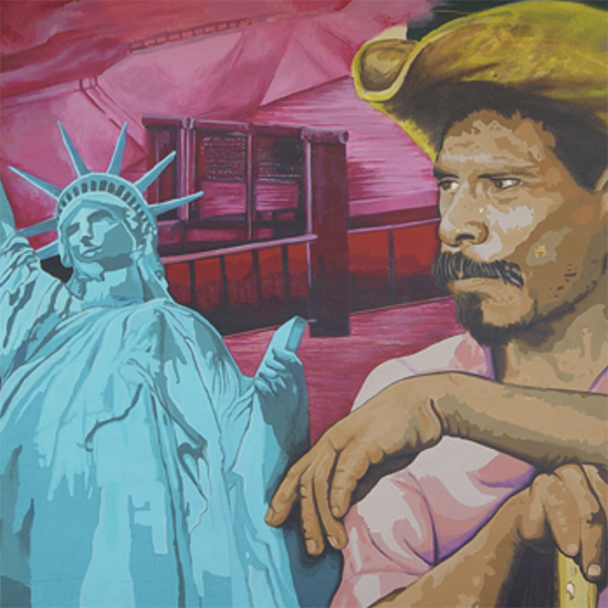 A+cropped+version+of+Jesus+%22CIMI%22+Alvarado%27s+mural%2C+featuring+the+Statue+of+Liberty%2C+the+border+wall%2C+and+a+man%2C+staring+off+into+the+distance+transposed+onto+a+green+background.