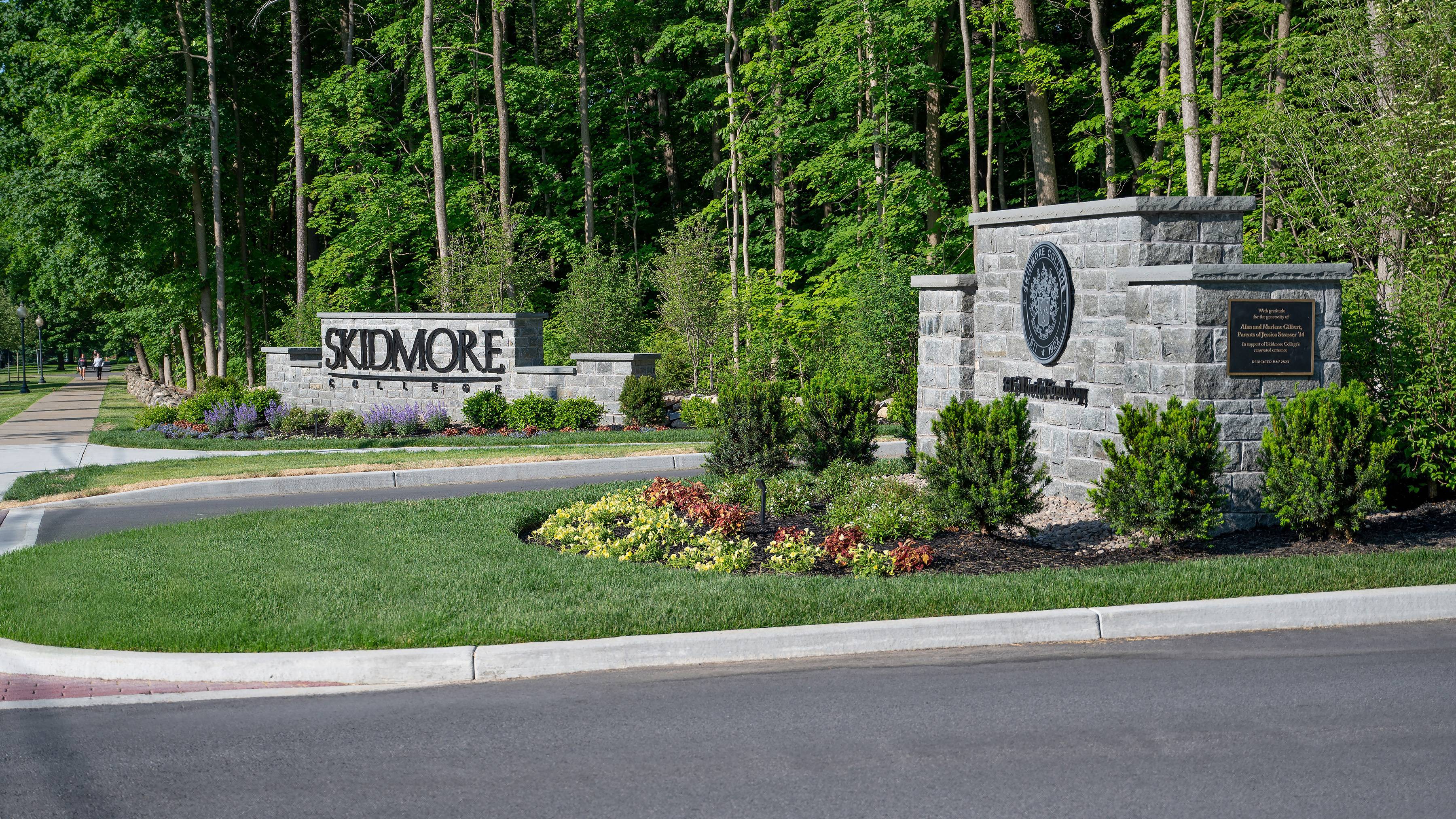 New signs and beautiful shrubbery mark the main entrance to Skidmore's campus.