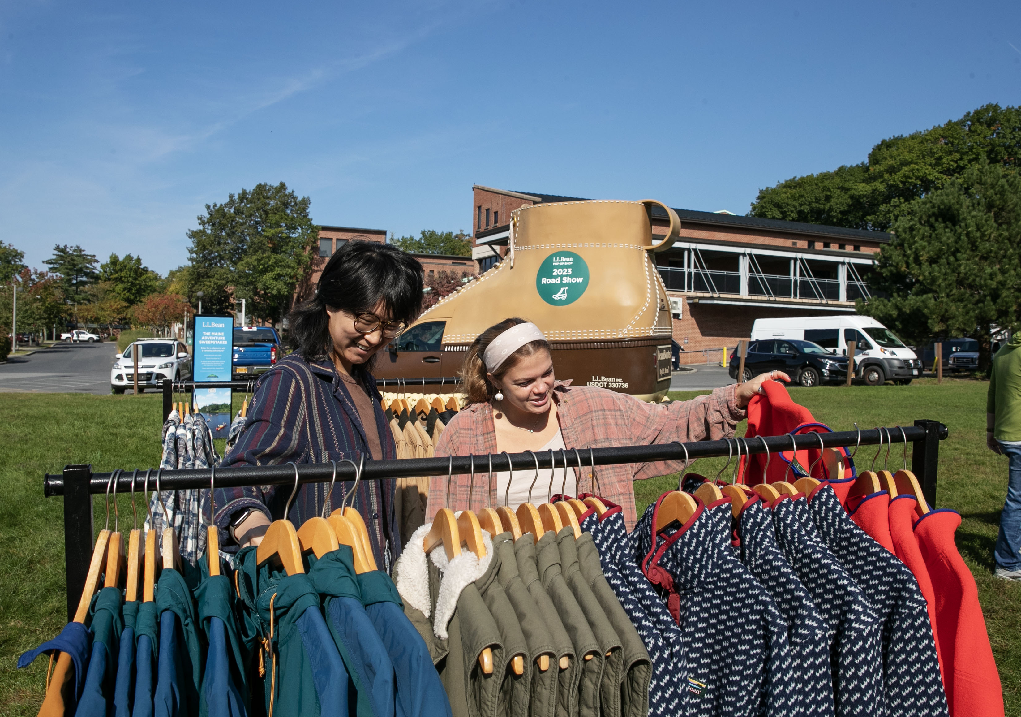 Two students peruse the L.L. Bean Boot Mobile's offerings.