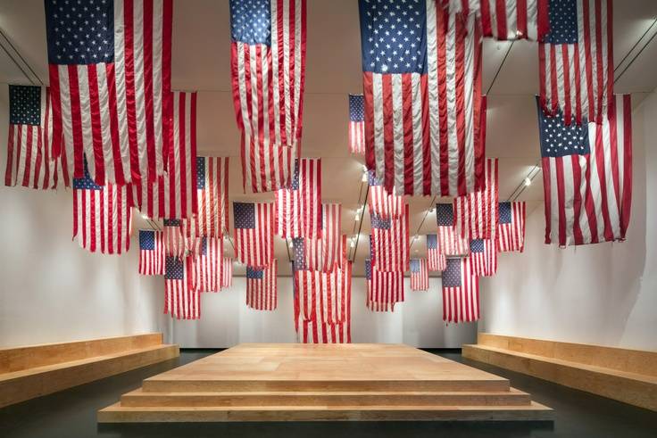 Installation view, "A More Perfect Union" featuring Mel Ziegler’s "Flag Exchange," Tang Teaching Museum, 2016.