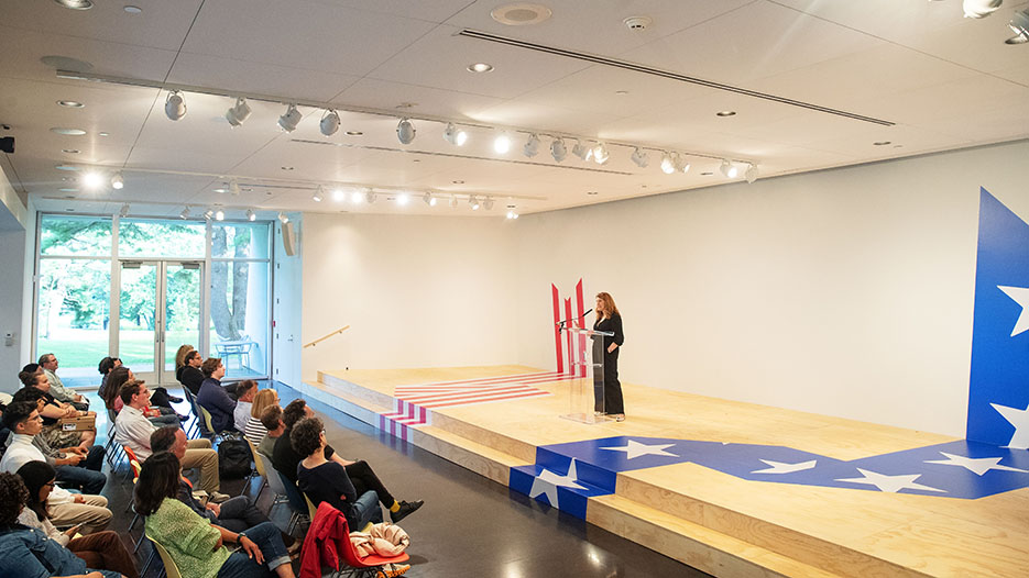 Susan McWilliams Barndt, professor of politics at Pomona College, delivers the lecture “A Tale of Two Liberalisms: Desegregating American Political Thought,” at the Tang Teaching Museum on  Monday, Sept. 9.