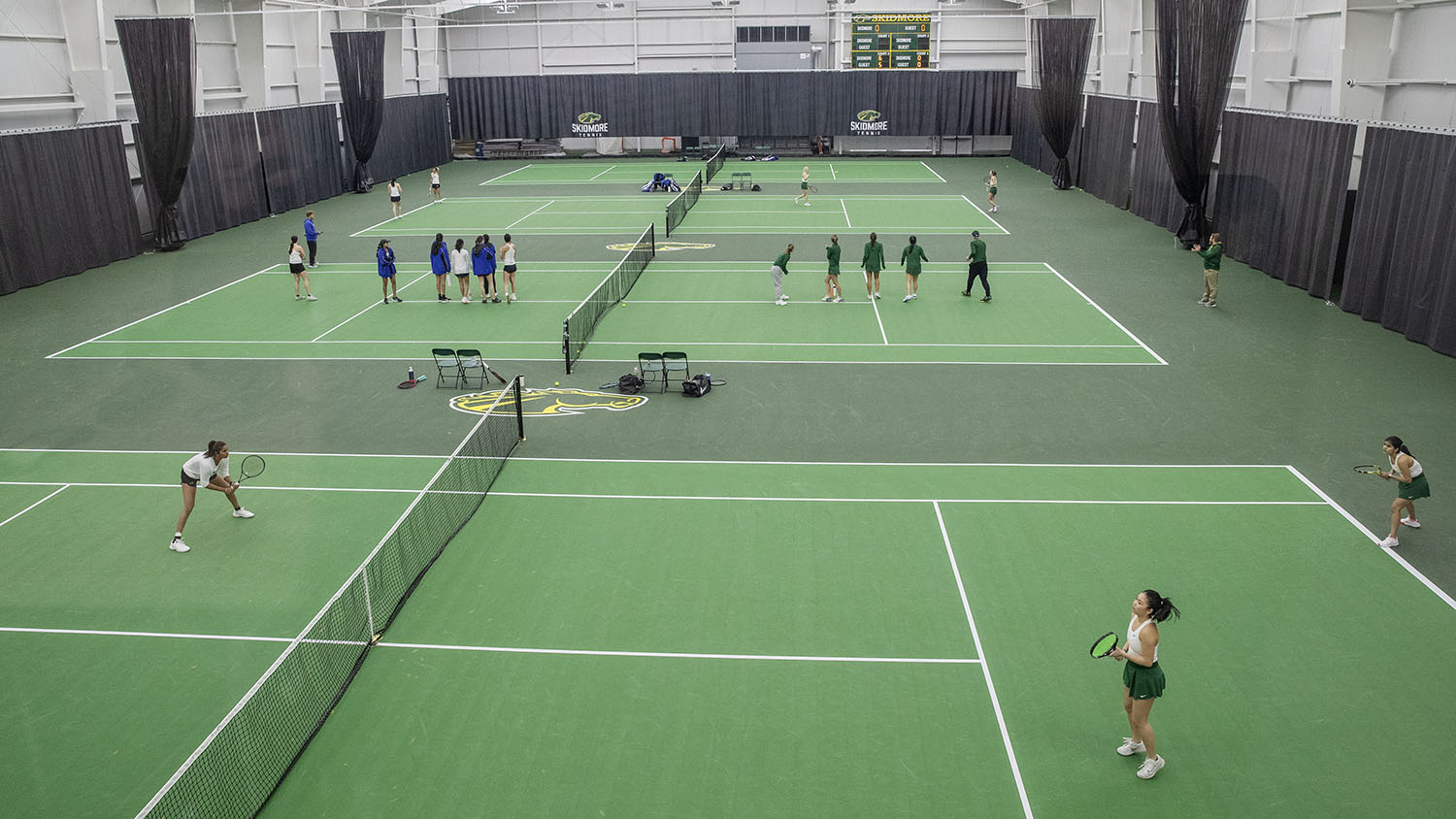 The Skidmore tennis team practices in McCaffery-Wagman Tennis and Wellness Center's indoor courts.