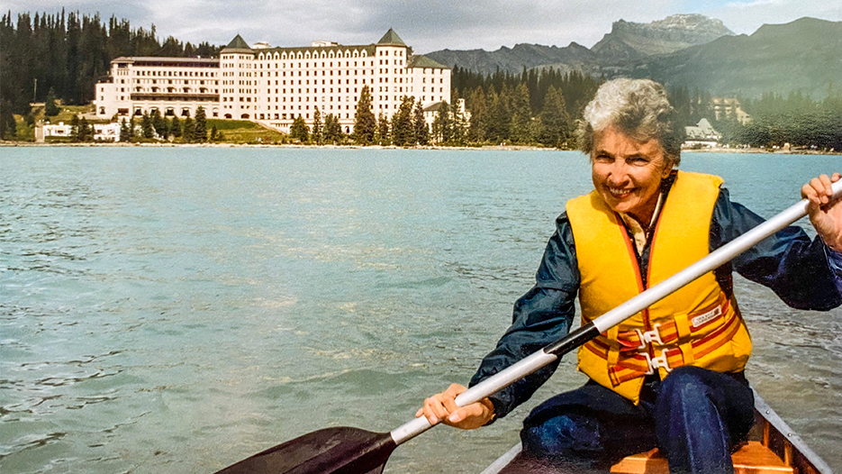 Sibyl V. Kirby ’47 canoeing on Lake Louise in Banff National Park, Alberta, Canada.