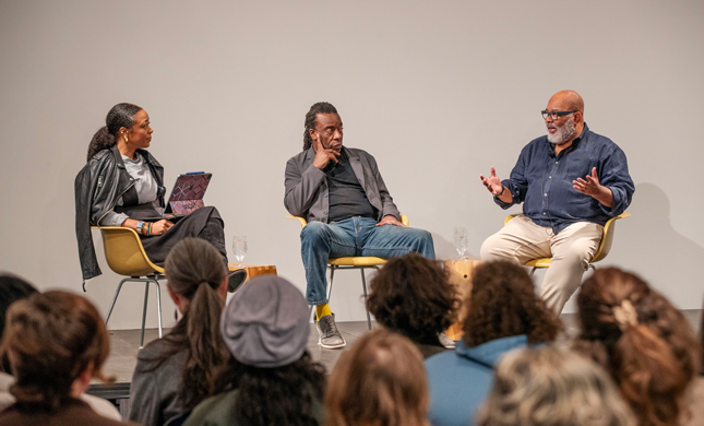 From left, Saida Grundy, associate professor of sociology and African American Black diasporic studies at Boston University, artist Willie Cole, and artist ransome have a conversation at the Tang Teaching Museum.