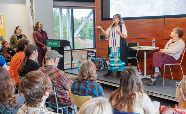 Kay Ionataie:was Olan and Siobhan Hart discuss land acknowledgements during a presentation in the Wyckoff Center.