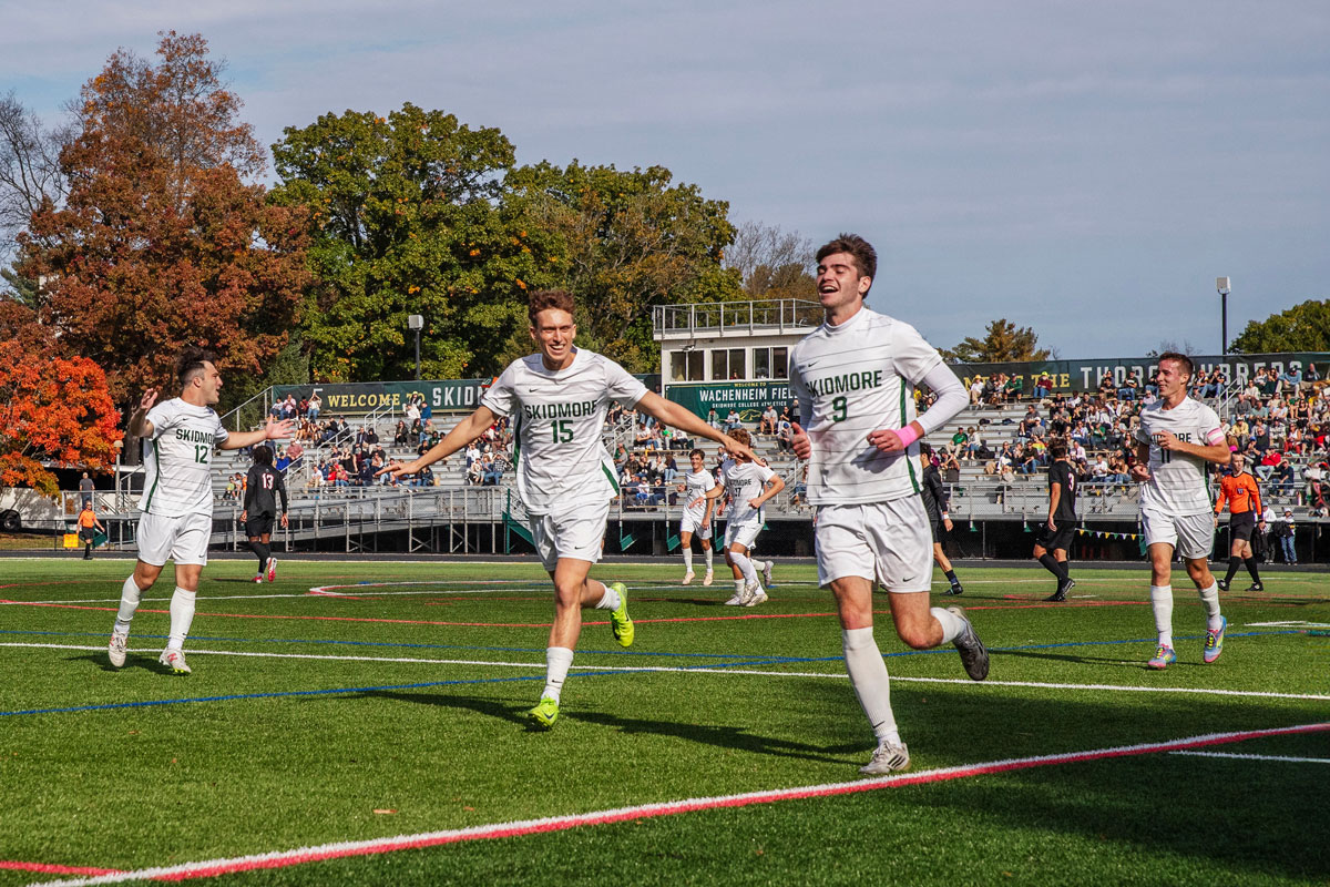 From left, Josh Hocheiser '26, Rumi Schemmerer '26,Jacob Humienny '29, Colin Goodhines '27 celebrate during the men soccer team's 5-0 victory against Bard College.
