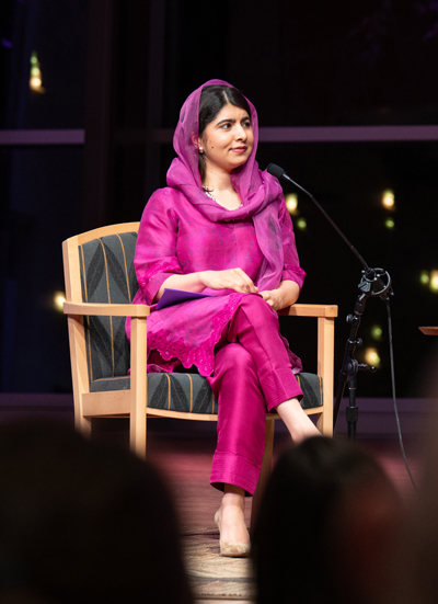 Malala Yousafzai is interviewed on stage at Arthur Zankel Music Center