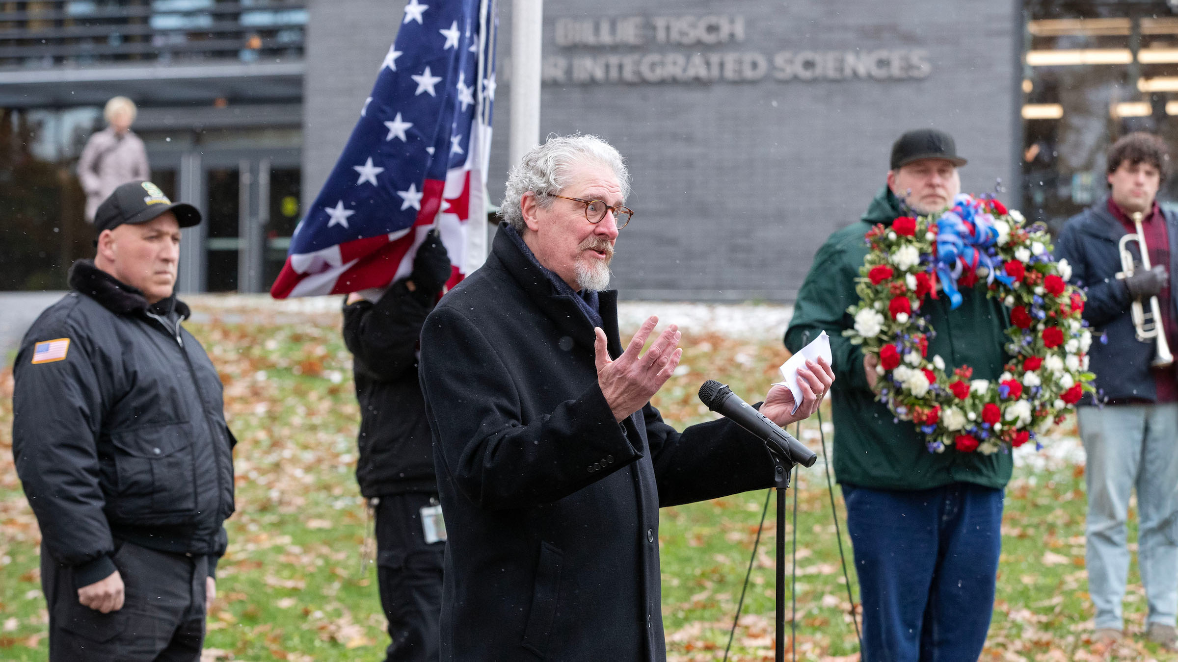Professor of Management and Business Emeritus Jim Kennelly, a U.S. Air Force veteran, speaks during the campus Veterans Day ceremony. 