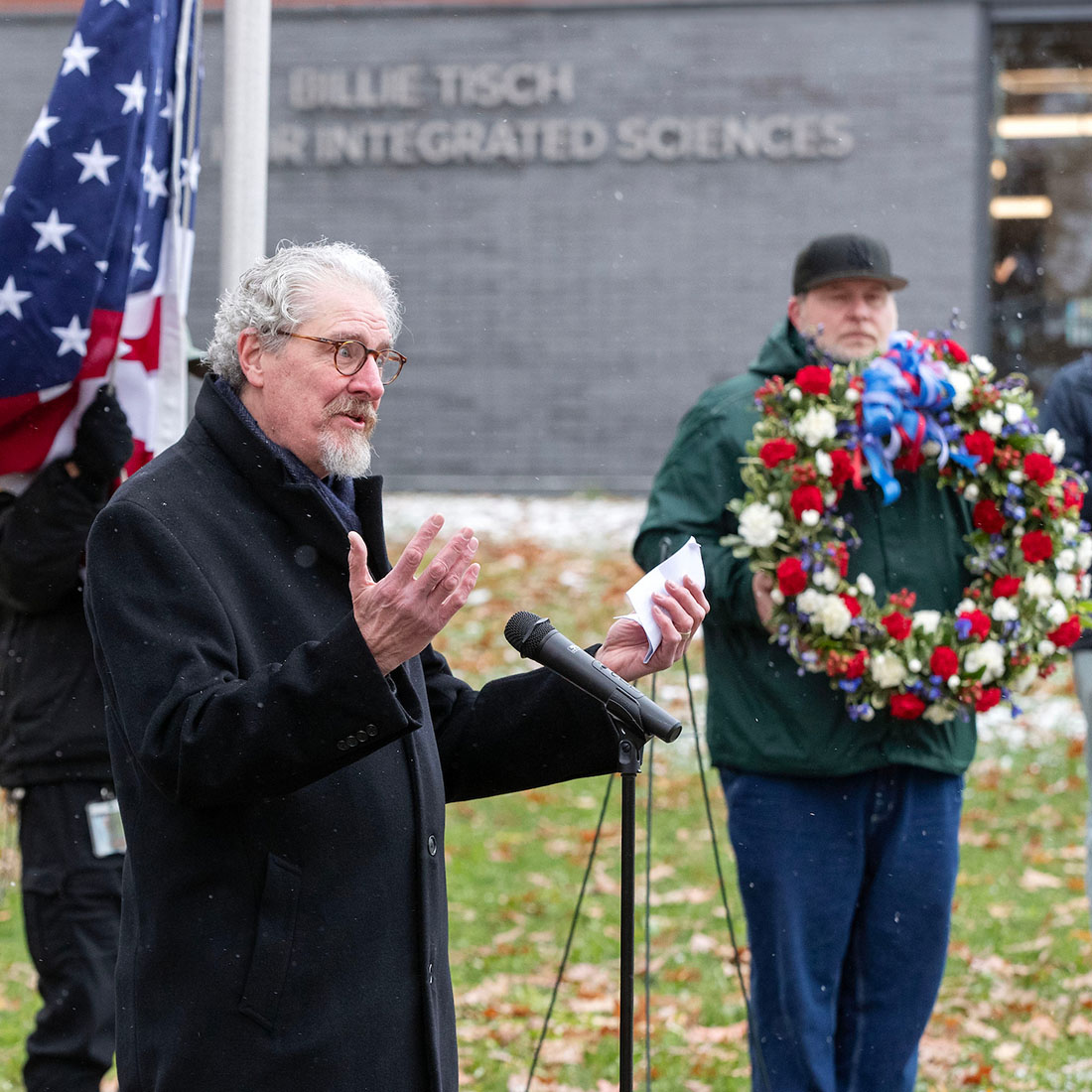 Professor+of+Management+and+Business+Emeritus+Jim+Kennelly+speaks+during+the+campus+Veterans+Day+ceremony.+