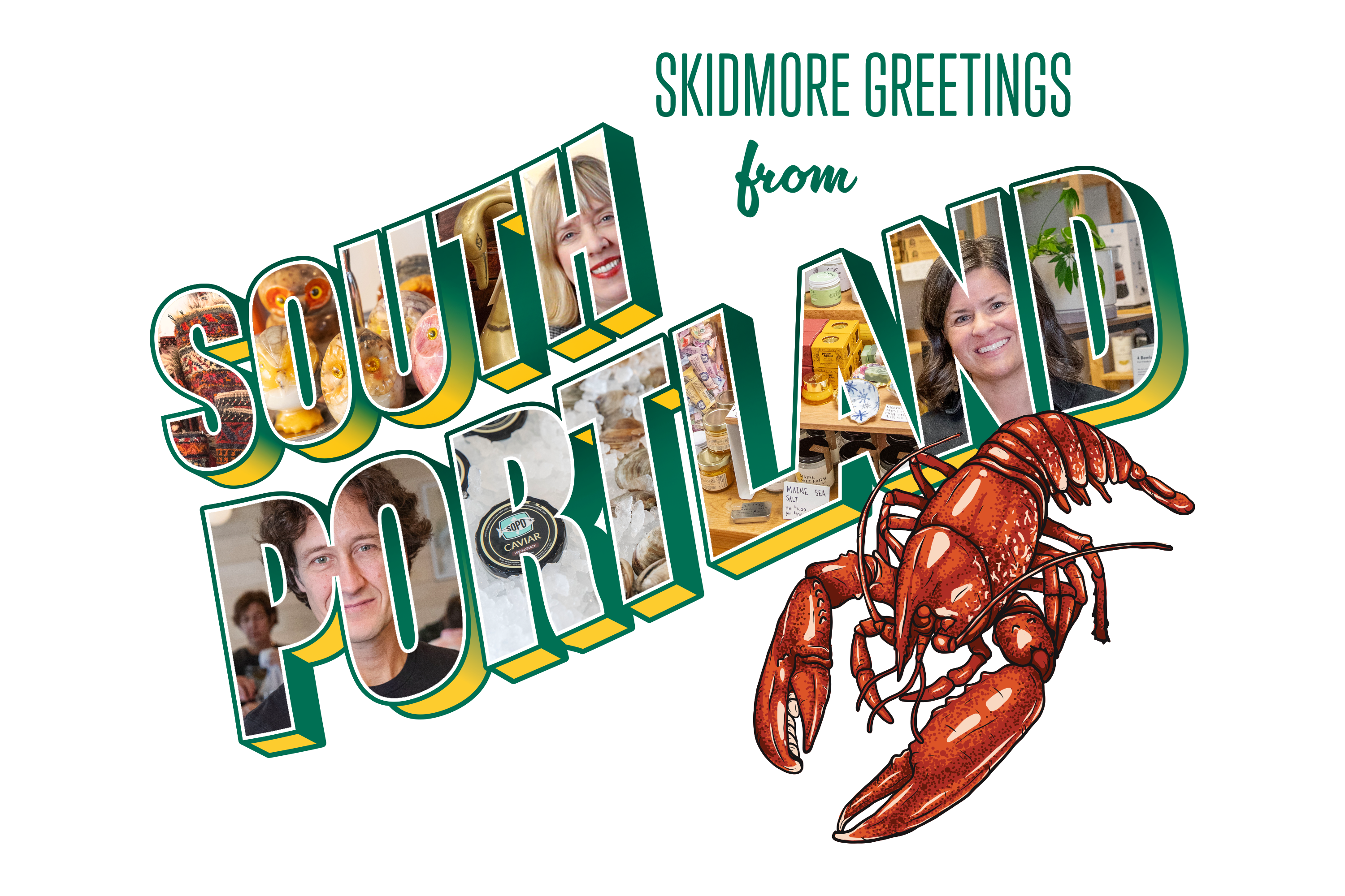 A postcard-style graphic showing alumni from South Portland, Maine