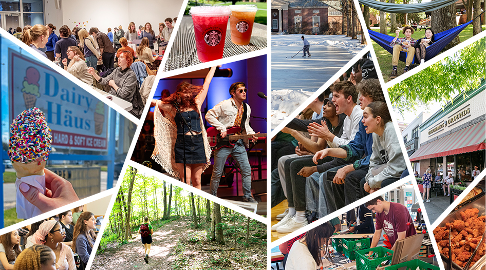 Collage of students enjoying campus life through events, performances, outdoor activities, volunteering, dining, and social gatherings.