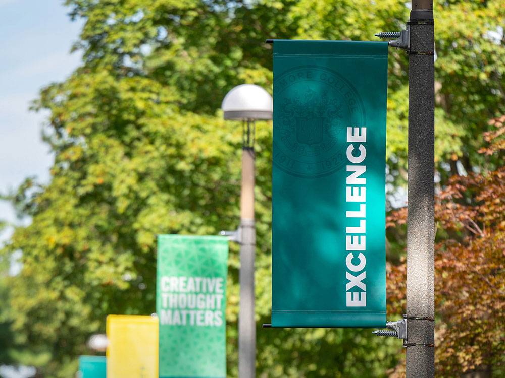 Excellence flag displayed on lamp post on Skidmore College campus.