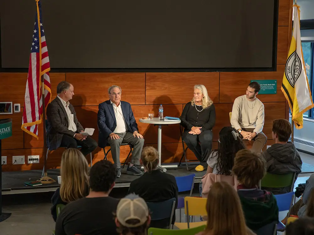 From left, Bob Turner, associate professor and chair of political science; former U.S. Rep. John Yarmuth, a Democrat from Kentucky; former U.S. Rep. Ann Marie Buerkle, a Republican from New York; and political science major Sam Severs ’27 during a panel on how to work in American politics.