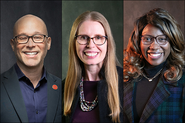 From left, Ángel Pérez ’98, CEO of the National Association for College Admissions Counseling (NACAC); Jessica Ricker, Skidmore vice president for enrollment and dean of admissions and financial aid; and Janessa Dunn, Skidmore director of admissions.