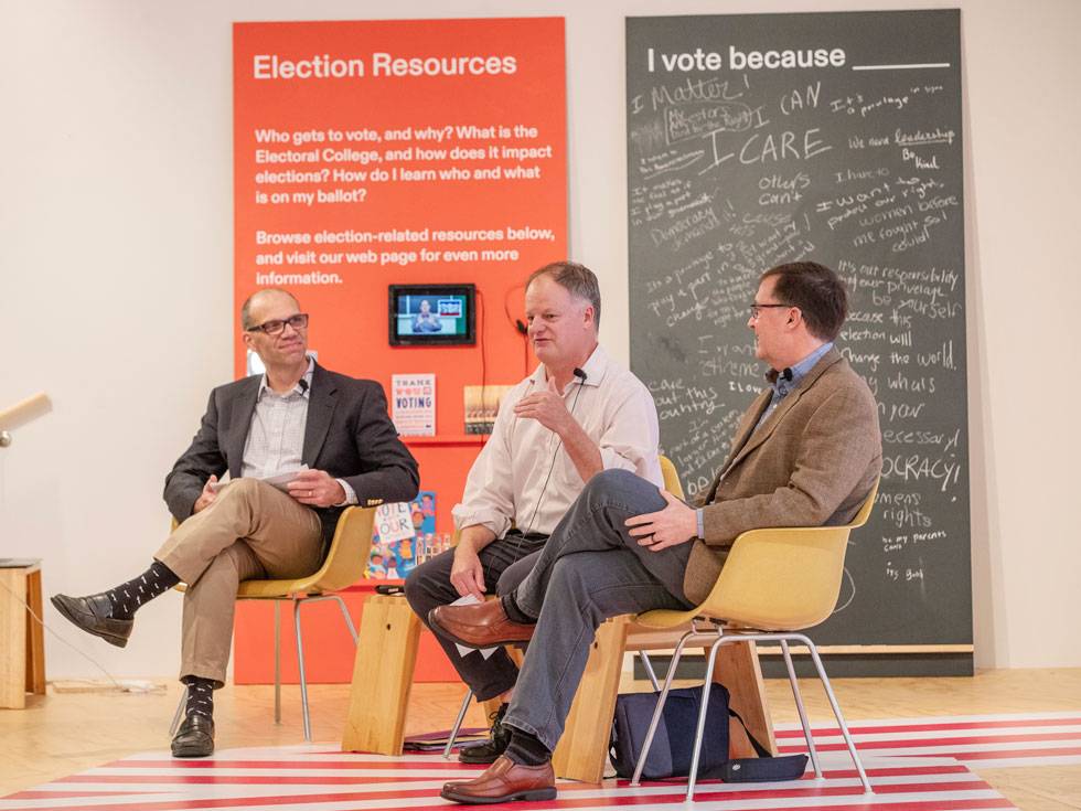 Christopher Mann, Associate Professor of Political Science, Patrick Lanne, a prominent Republican pollster, and Bob Turner, Associate Professor of Political Science, discuss the outcome of the 2024 presidential election on stage at the Tang Museum.