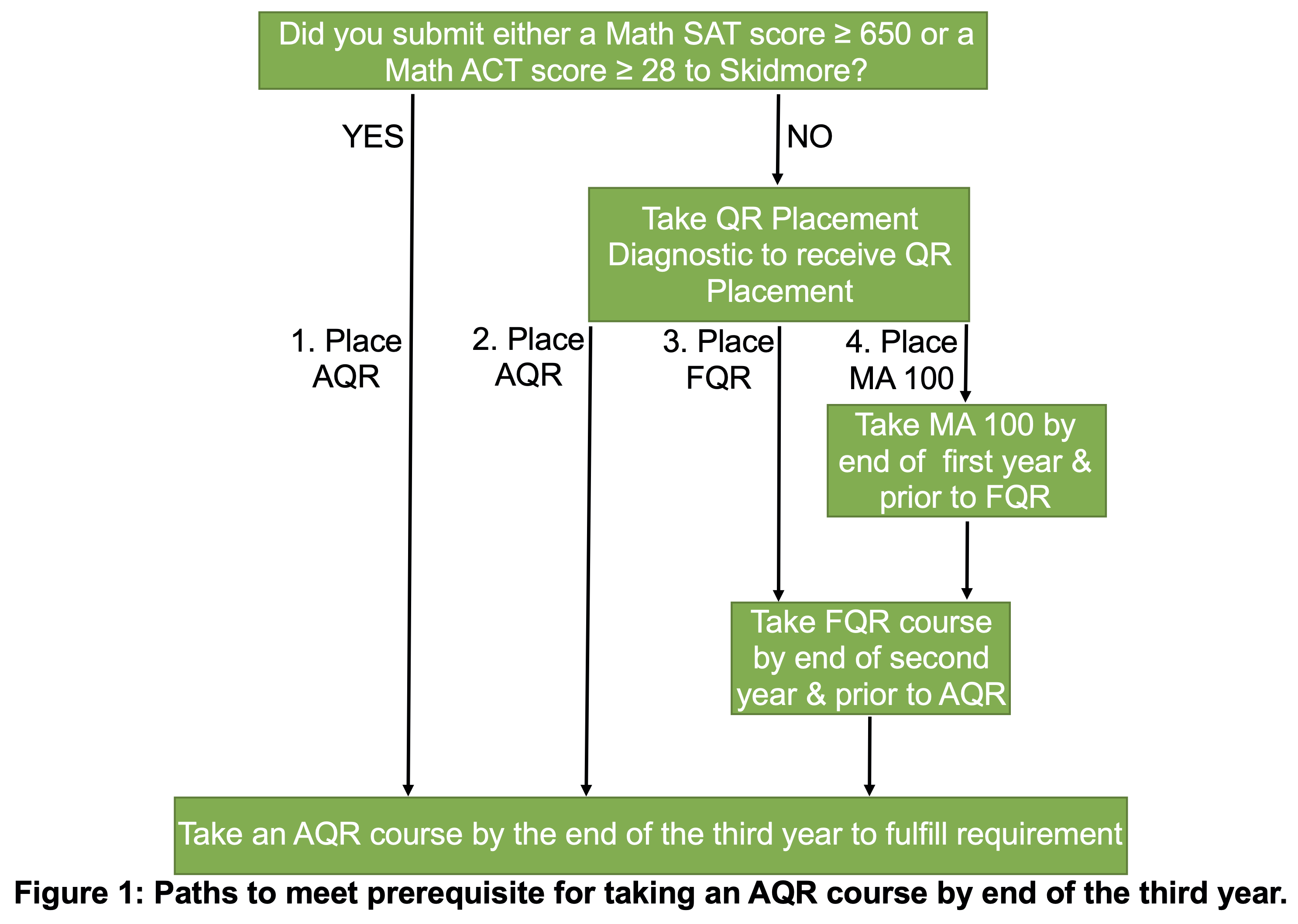 Four paths for QR placement. 1. Achieving a score of at least 650 on the SAT Mathematics (MSAT I) examination, a score of at least 570 on any Mathematics SAT II subject examination (MSAT II), or a score of at least 28 on the Mathematics ACT examination to place directly into an AQR course. ACT or SAT scores must be officially submitted to the College. Please note, listing your scores on your Common Application without having them officially sent to Skidmore does not count. If you have the relevant standardized test score, but did not offically submit your scores to Skidmore, please go to your College Board or ACT account, take a screenshot of the summary page (or print page to PDF) that shows your full name, date of birth, and all of your scores including test dates, and then email that screenshot (or PDF) to registrar@skidmore.edu.  Taking the online QR Placement Diagnostic and placing directly into an AQR course. Incoming students who do not submit ACT or SAT scores or whose scores do not place them into an AQR course must take the online QR Placement Diagnostic. Taking the online QR Placement Diagnostic and placing into a Foundational QR course (FQR course). Students who place into an FQR course must successfully complete it by the end of their second year. These courses, which are offered by a variety of departments, emphasize the application of mathematical calculations and concepts to daily life. Taking the online QR Placement Diagnostic and placing into MA 100 (Quantitative Reasoning). This course, which emphasizes basic quantitative reasoning skills in mathematics and statistics, is required for all students who do not place into an FQR or AQR course and must be successfully completed by the end of their first year. Students must then take and successfully complete an FQR course (as described above) by the end of their second year.