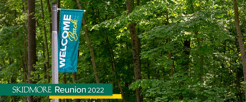 Green Skidmore banner reading Welcome Back - Reunion 2022